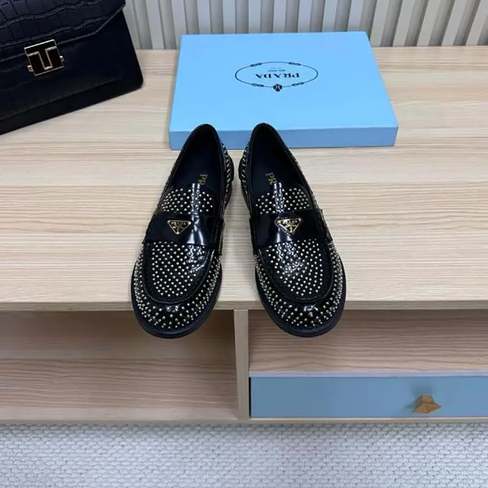 Prada Women Chocolate Satin Loafers with Crystals-Black - image 4