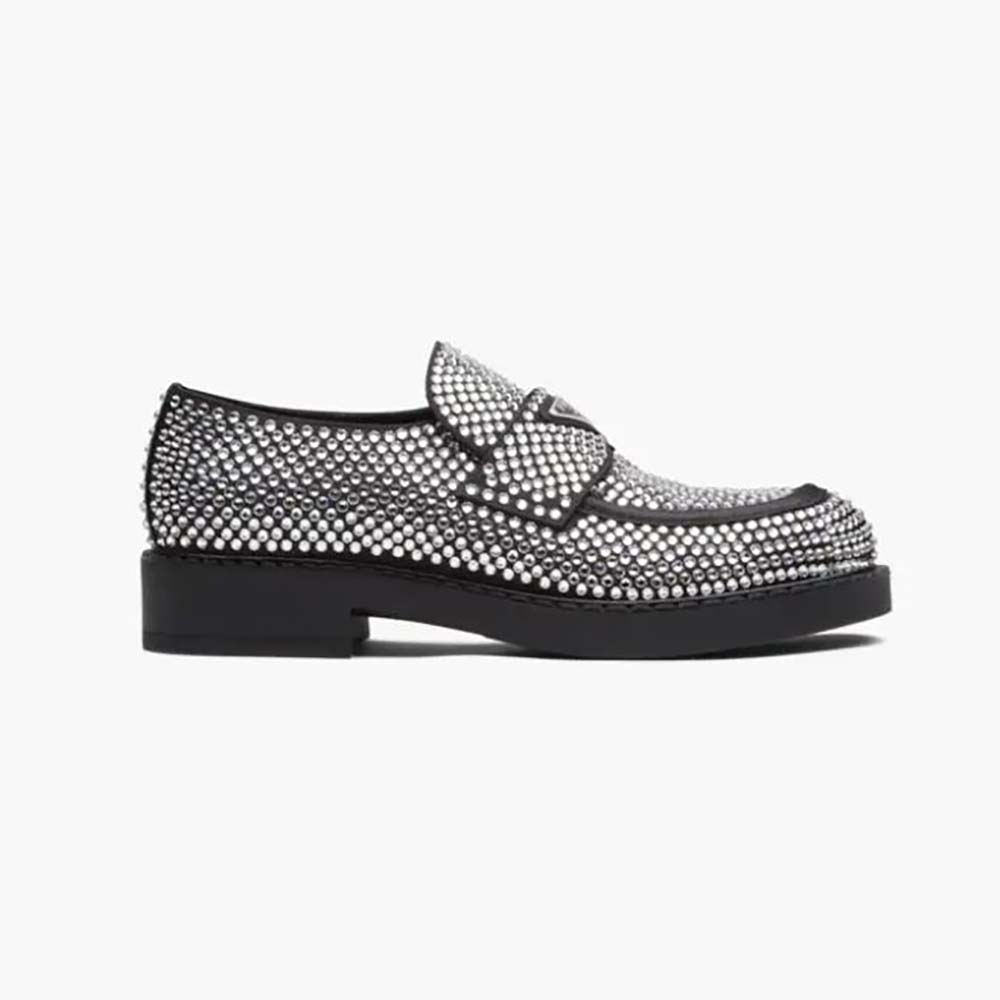 Side view of Prada Women Chocolate Satin Loafers with Crystals-Silver