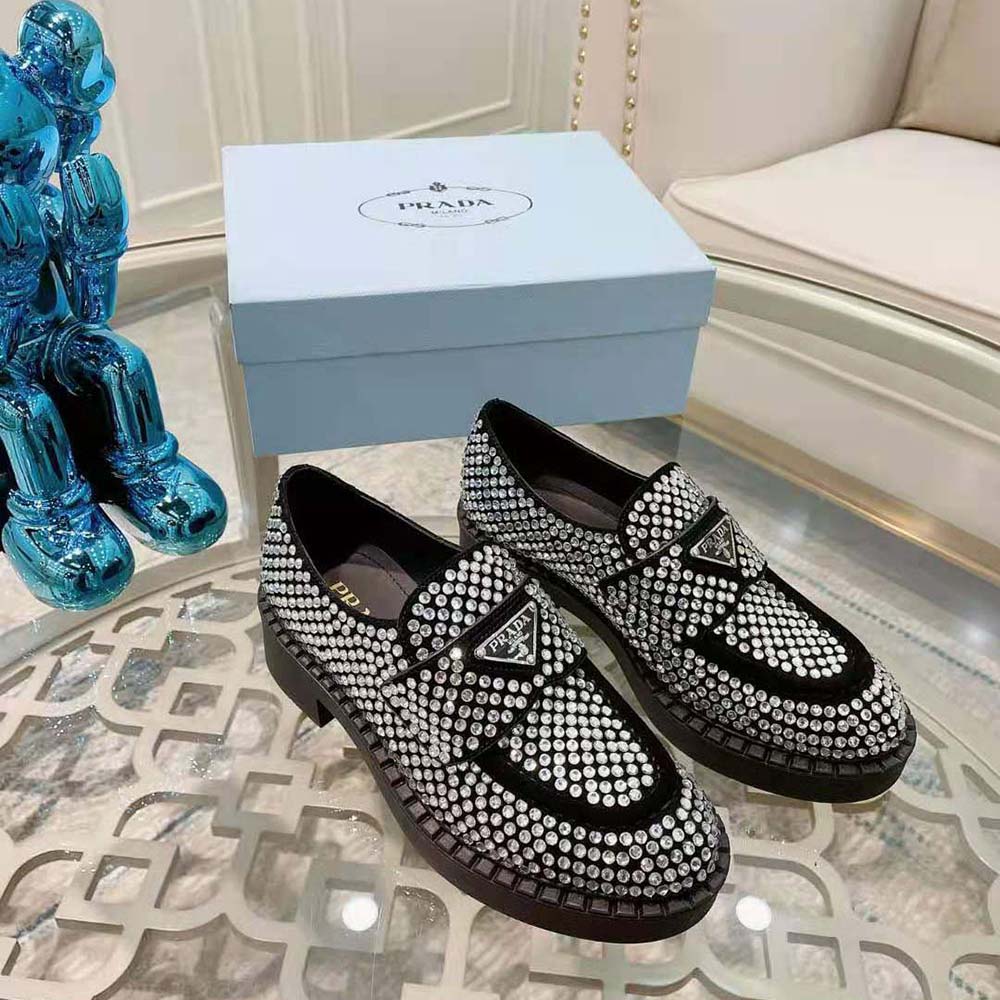 Close-up of crystal embellishments on Prada Women Chocolate Satin Loafers