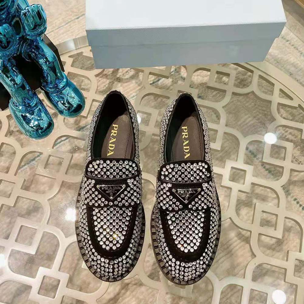 Prada Women Chocolate Satin Loafers with Crystals-Silver - image 5
