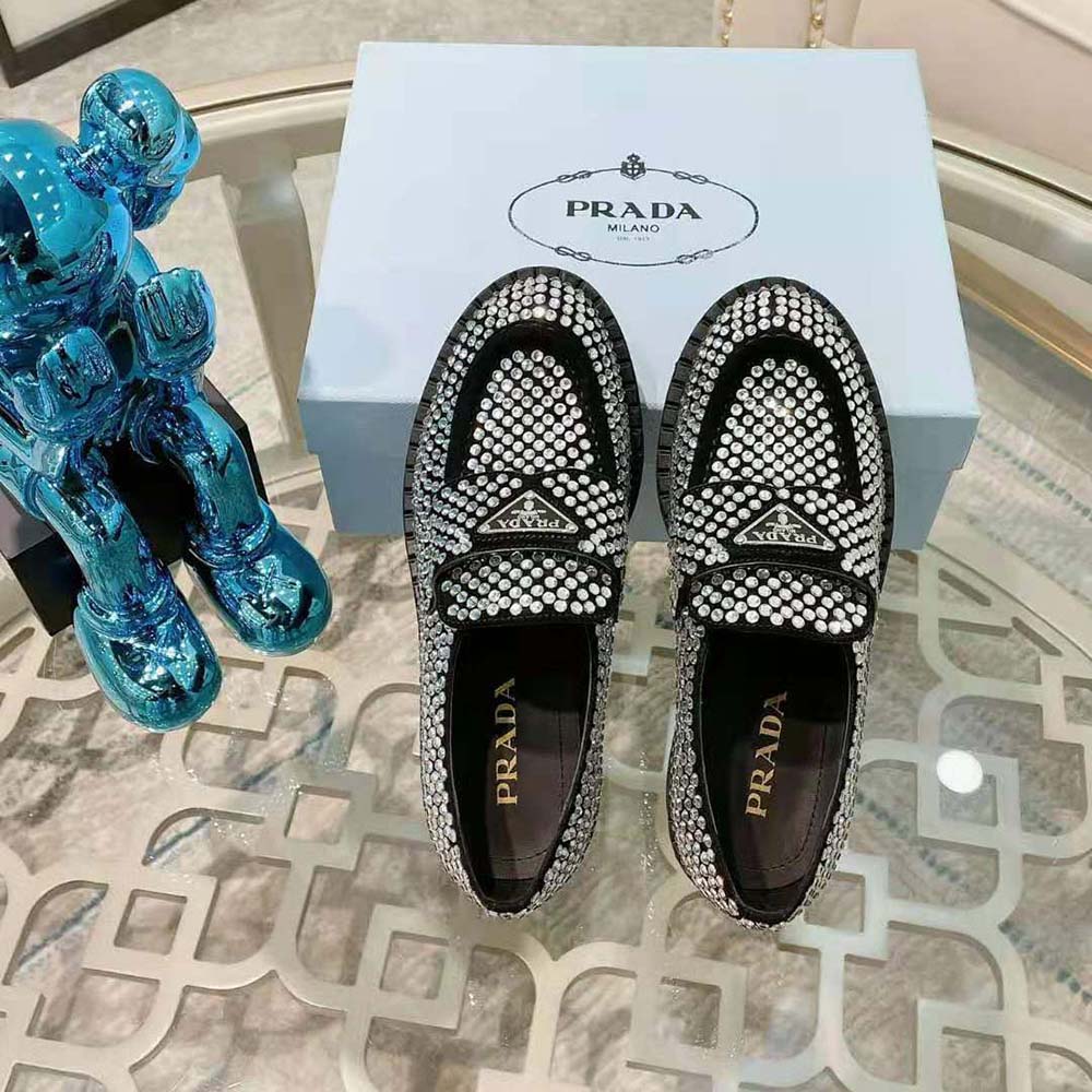 Prada Women Chocolate Satin Loafers with Crystals-Silver - image 4