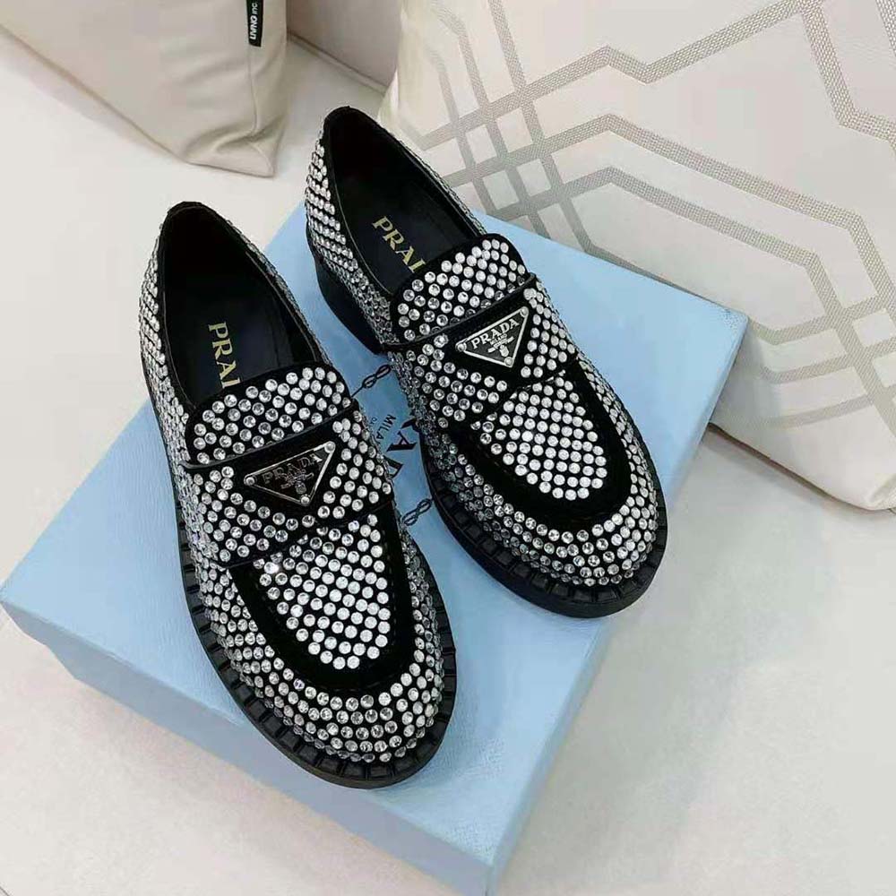 Top-down angle of silver satin Prada Women Chocolate Satin Loafers