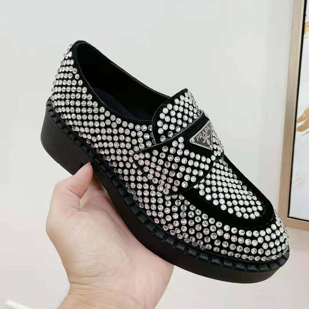 Prada Women Chocolate Satin Loafers with Crystals-Silver - image 7