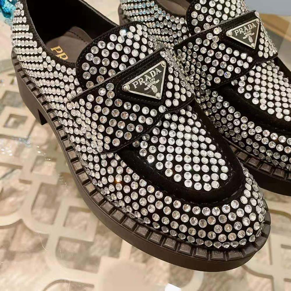 Prada Women Chocolate Satin Loafers with Crystals-Silver - image 6