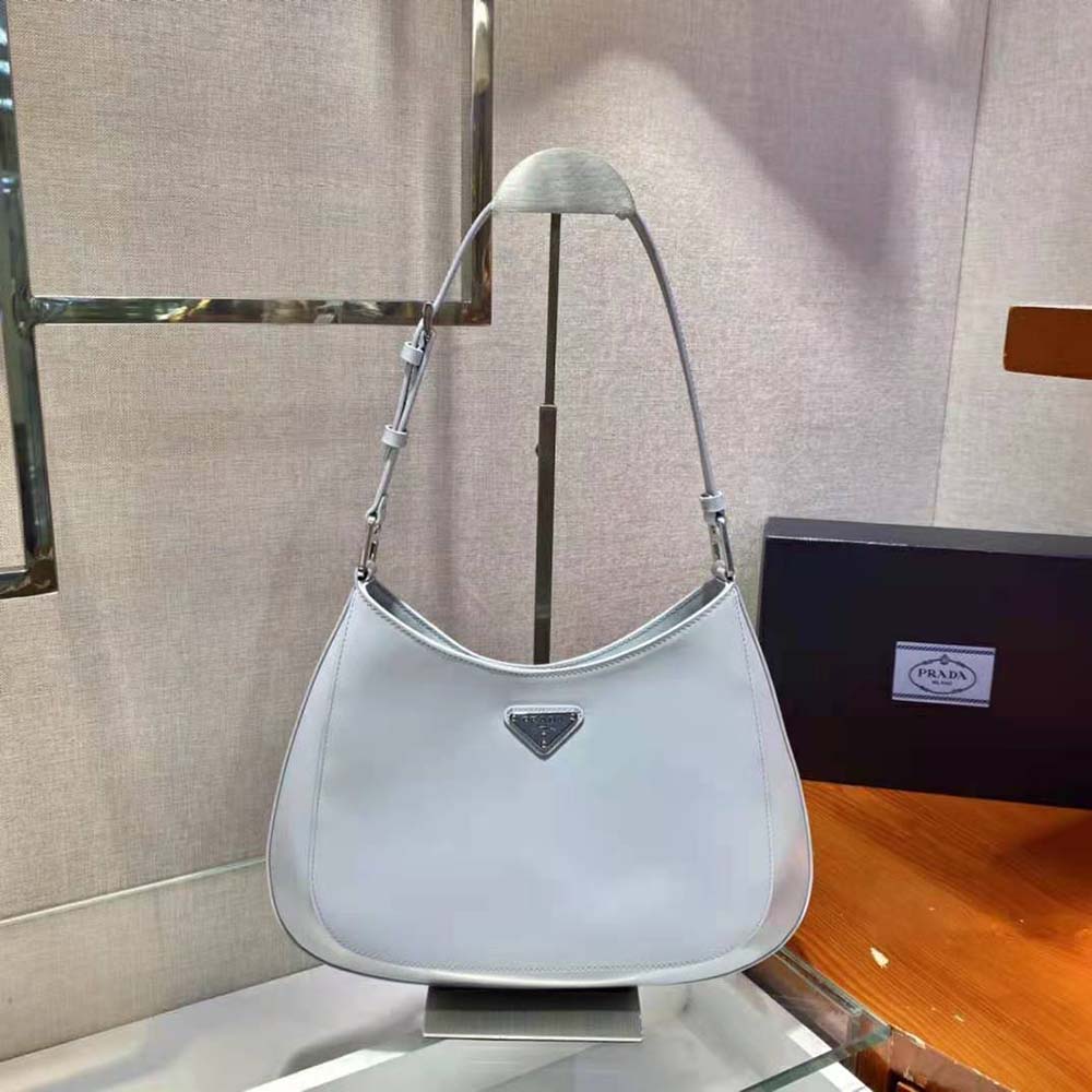 Close-up of brushed leather and gold hardware on Prada Women Cleo bag