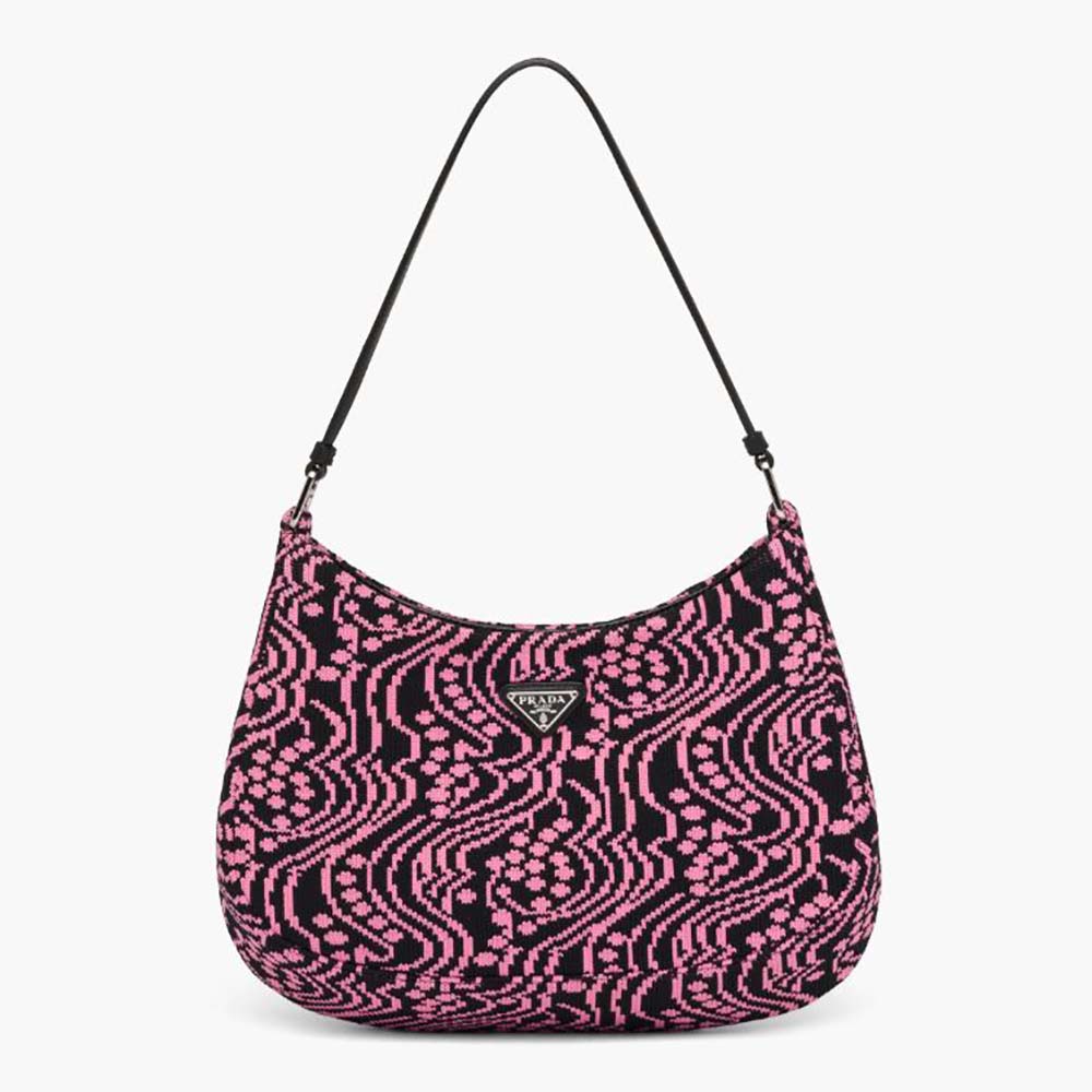 Front view of Prada Women Cleo Jacquard Knit and Leather Bag-Pink
