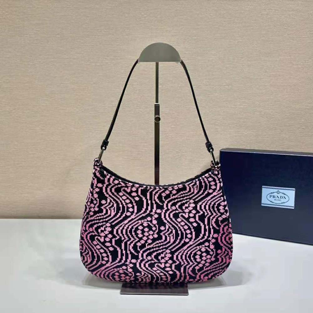 Side angle showing silver hardware on Prada Women Cleo Jacquard Knit Bag