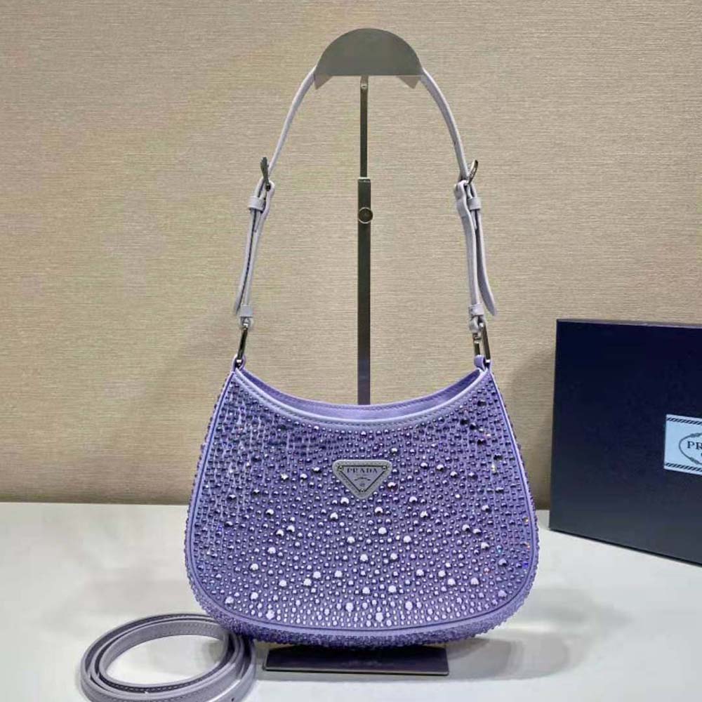 Close-up of purple satin and applique details on Prada Cleo Bag