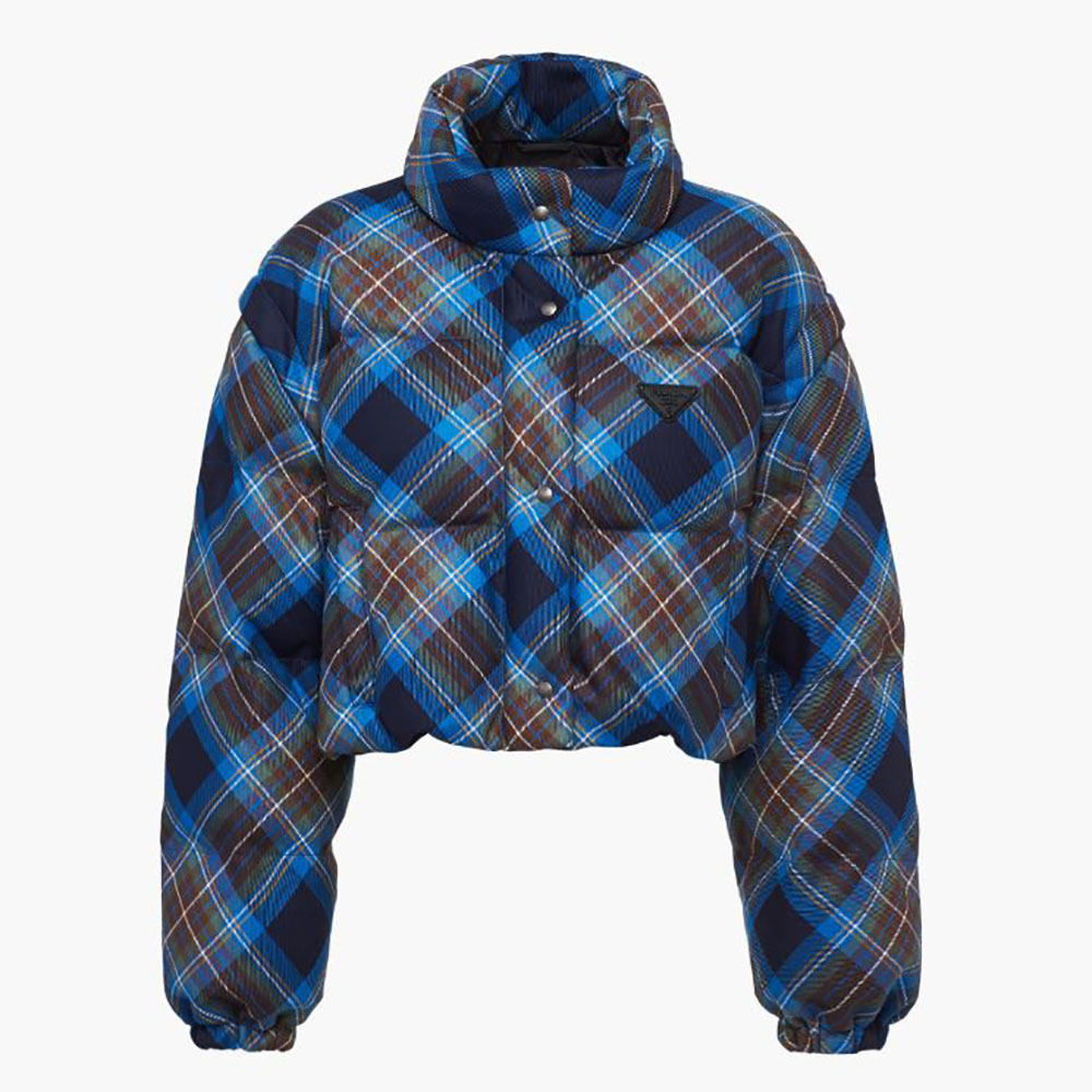 Front view of Prada Women Cropped Plaid Puffer Jacket-Blue with zip closed