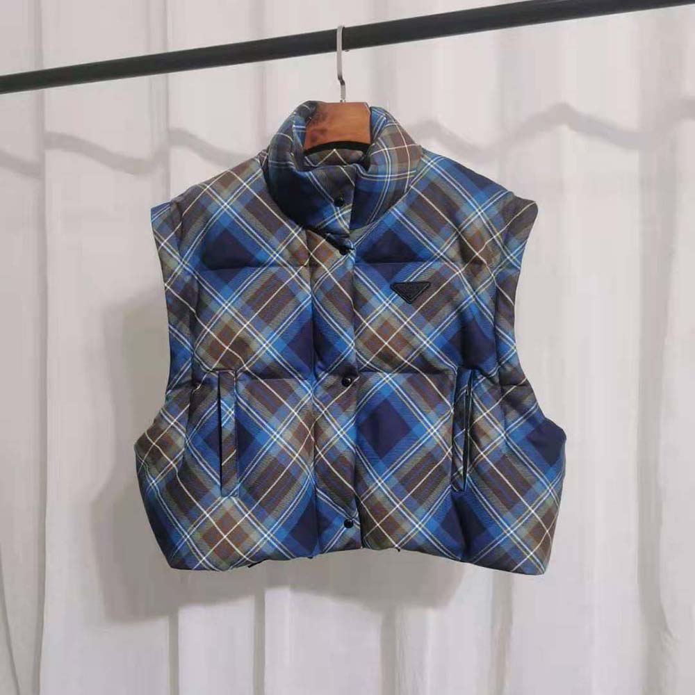 Prada Women Cropped Plaid Puffer Jacket-Blue - image 4