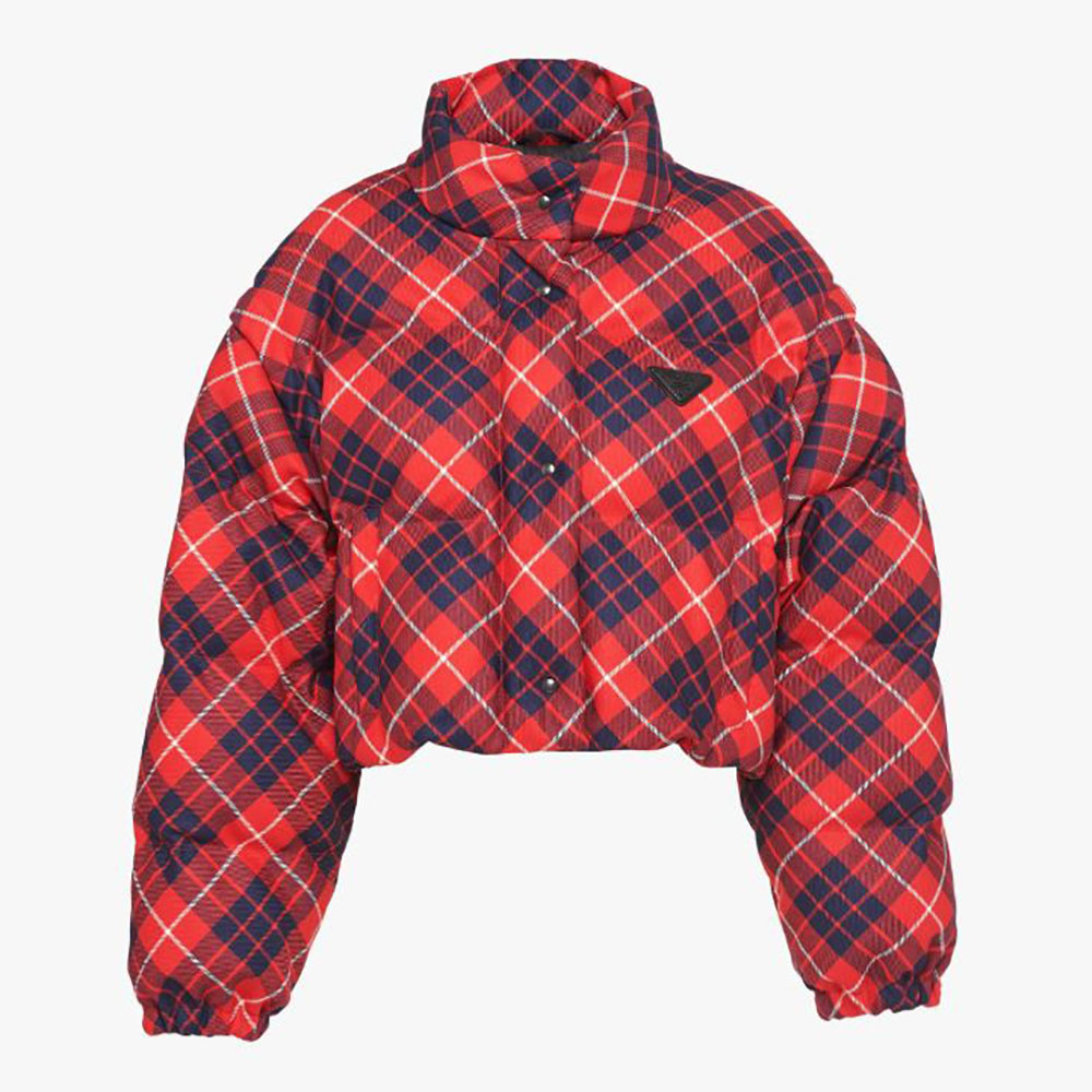 Front view of Prada Women Cropped Plaid Puffer Jacket-Red with zip