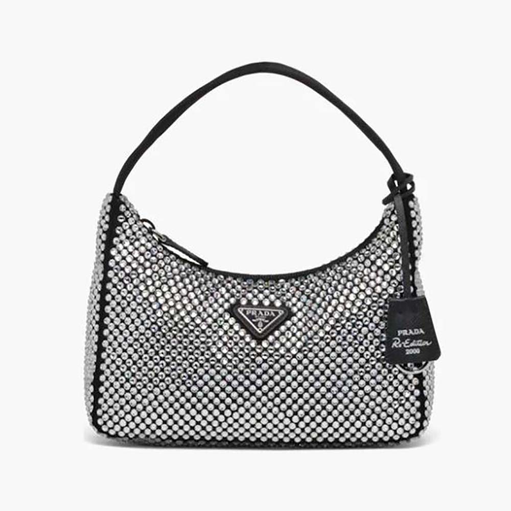 Front view of Prada Women Duchesse and Crystal Mini-Bag-Black showing crystal clasp