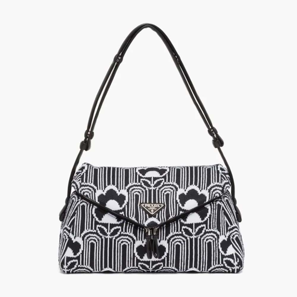 Front view of Prada Women Jacquard Knit and Leather Prada Signaux Bag-Black