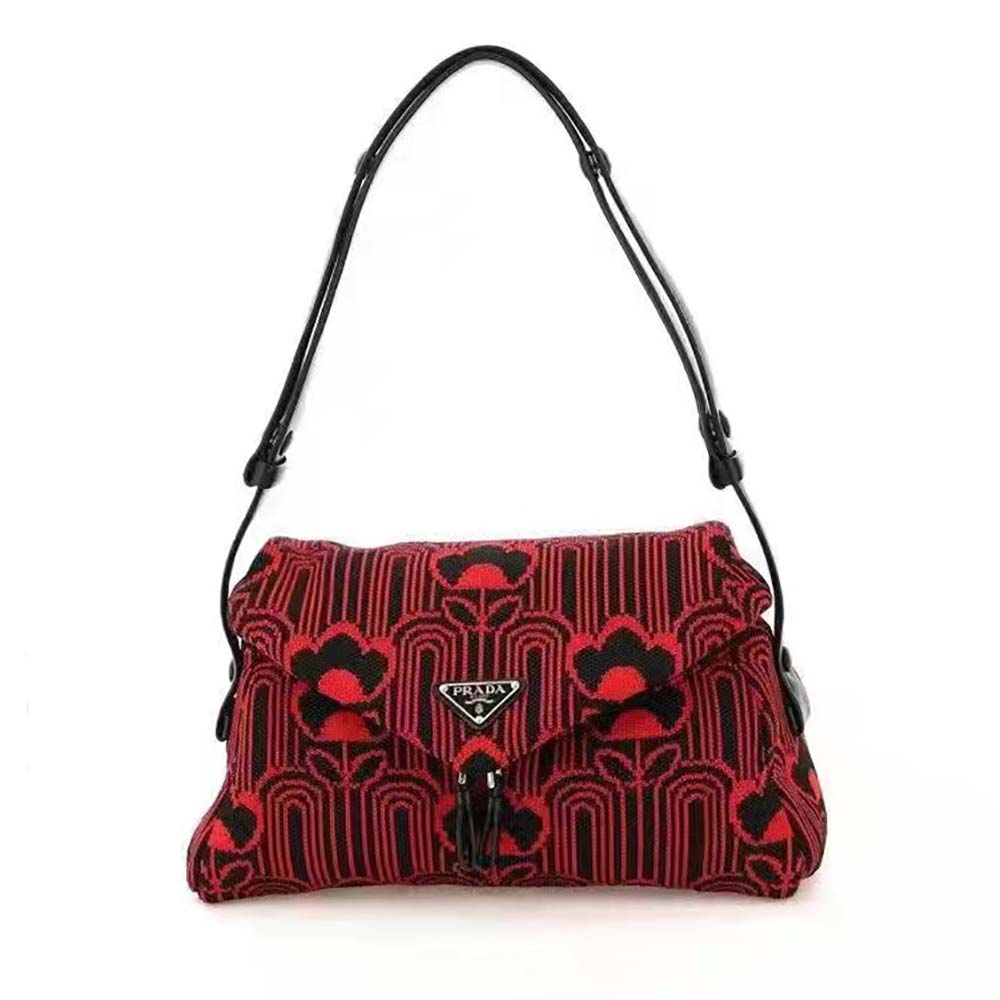 Front view of Prada Women Jacquard Knit and Leather Prada Signaux Bag-Red