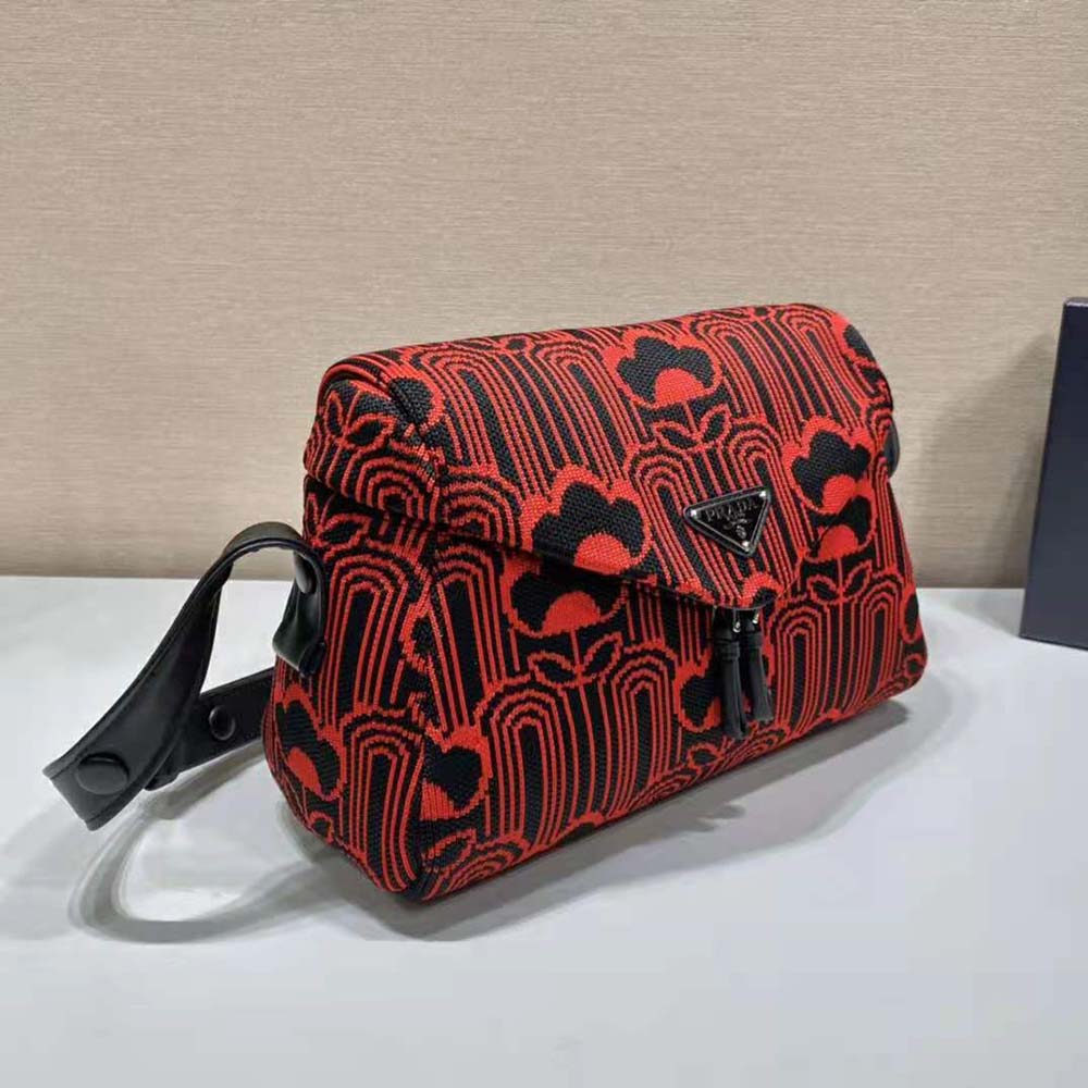 Prada Women Jacquard Knit and Leather Prada Signaux Bag-Red - image 5