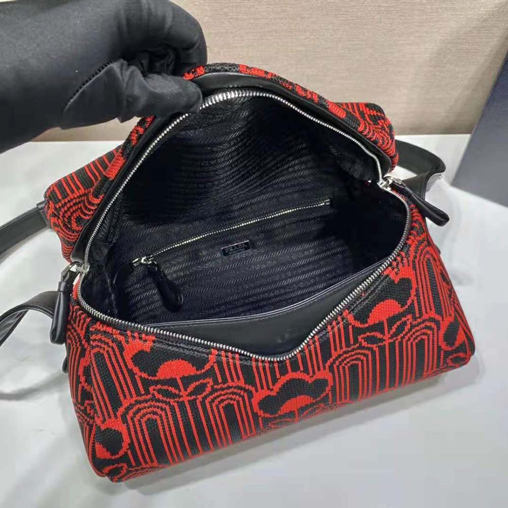 Prada Women Jacquard Knit and Leather Prada Signaux Bag-Red - image 7