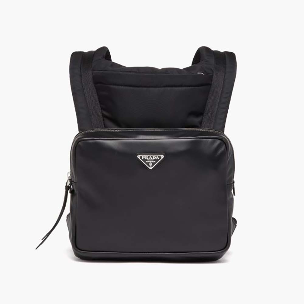 Front view of Prada Women Leather Backpack with Hood-Black