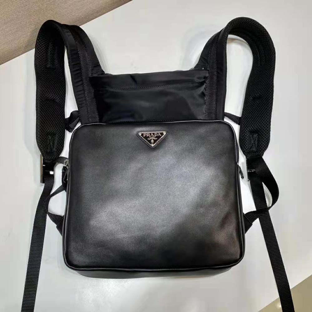 Close-up of brushed silver hardware on Prada Women Leather Backpack with Hood-Black