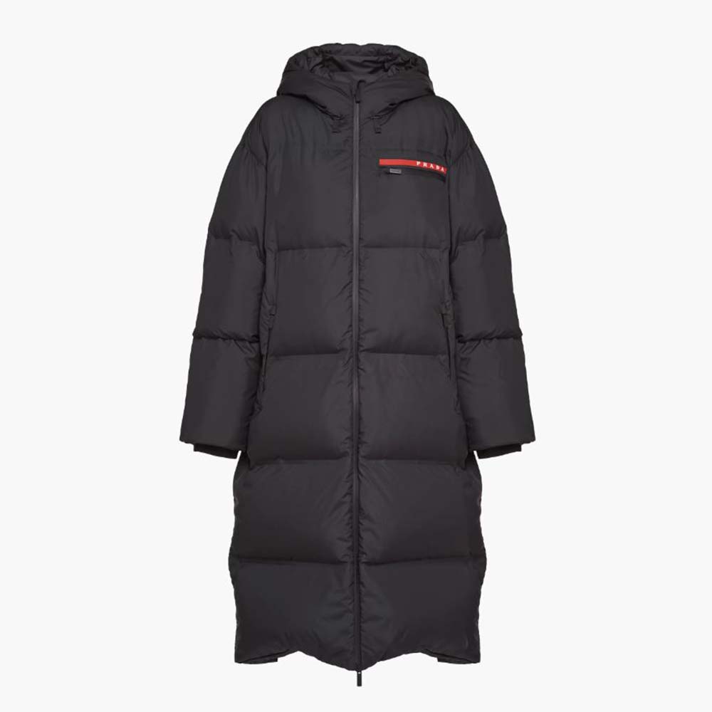Front view of Prada Women Light Polyester Hooded Puffer Coat in black