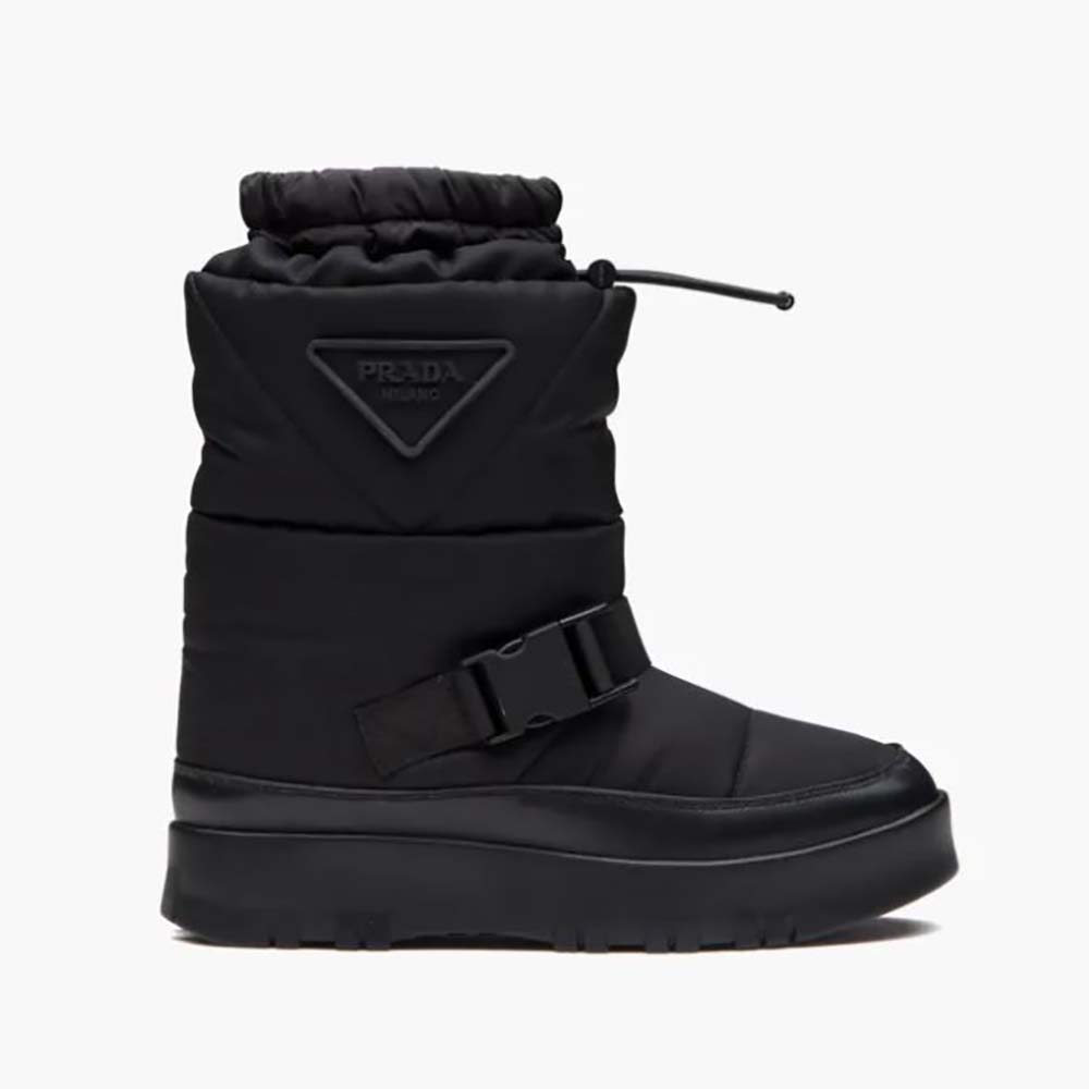 Side profile of Prada Women Nylon Gabardine Booties-Black showing silhouette