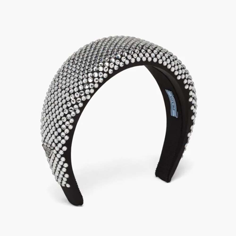 Front view of Prada Women Oversized Embellished Satin Headband with crystals