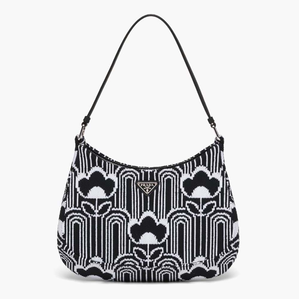 Front view of Prada Women Prada Cleo Jacquard Knit and Leather Bag in black