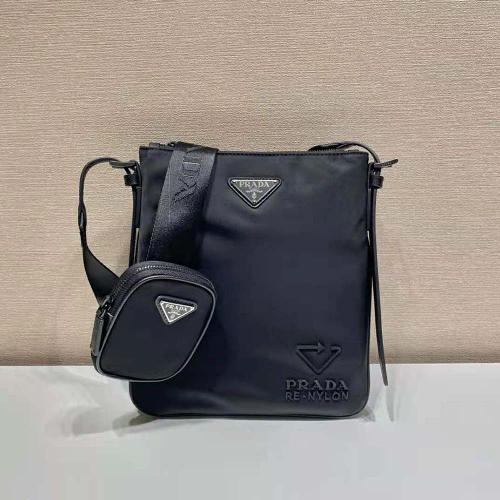 Close-up of brushed metal logo on Prada Men Re-Nylon and Saffiano Leather Shoulder Bag