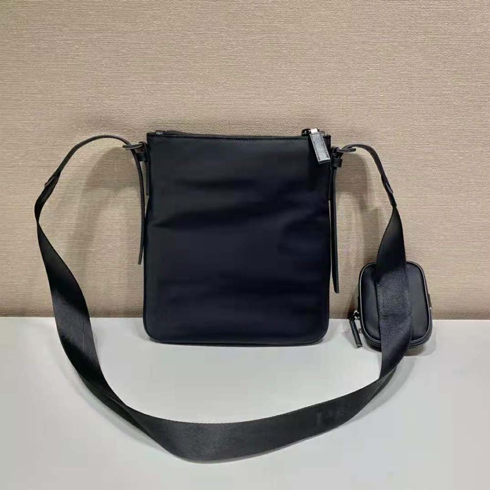 Side profile showing adjustable strap of Prada Men Re-Nylon and Saffiano Leather Shoulder Bag