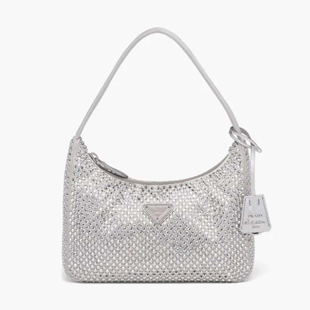Front view of Prada Women Satin Mini-Bag with Artificial Crystals-Silver showing crystal flap