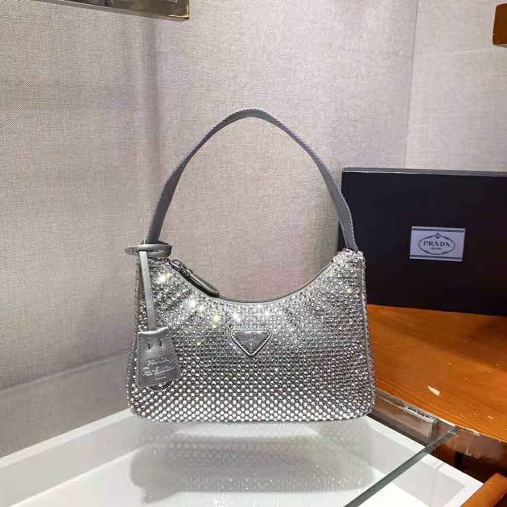 Side angle highlighting silver satin texture on Prada Women Satin Mini-Bag with Artificial Crystals-Silver