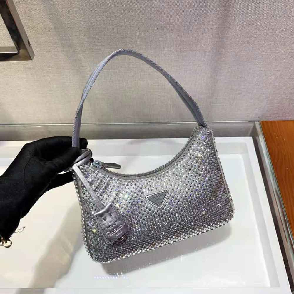Prada Women Satin Mini-Bag with Artificial Crystals-Silver - image 4