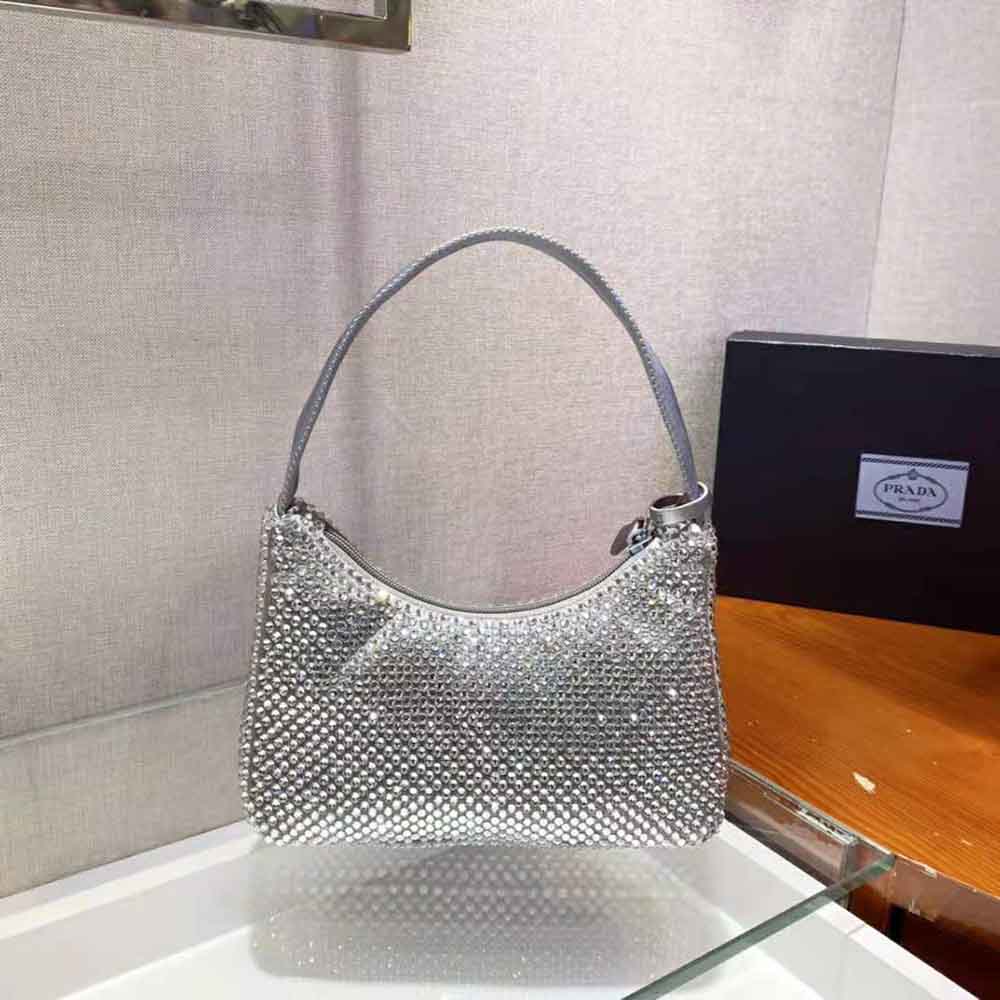 Close-up of artificial crystal embellishments on Prada Women Satin Mini-Bag with Artificial Crystals-Silver