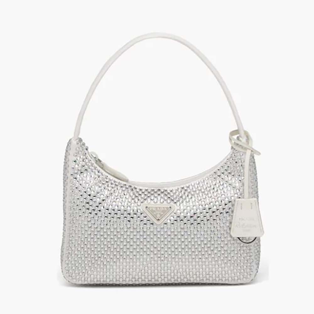Front view of Prada Women Satin Mini-Bag with Artificial Crystals-White