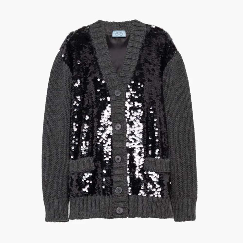 Front view of Prada Women Sequin Embellished Wool Cardigan-Silver on mannequin