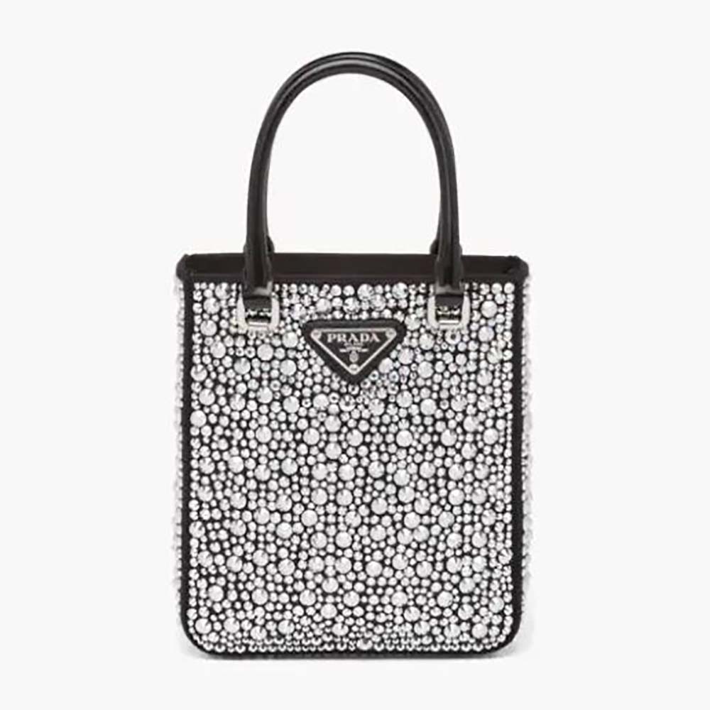 Front view of Prada Women Small Crystal-Studded Satin Tote Bag-Black