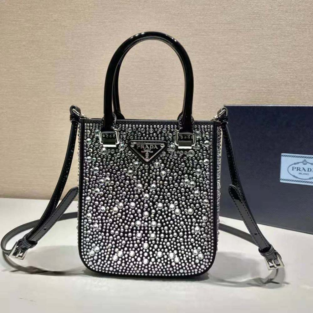 Prada Women Small Crystal-Studded Satin Tote Bag-Black - image 4