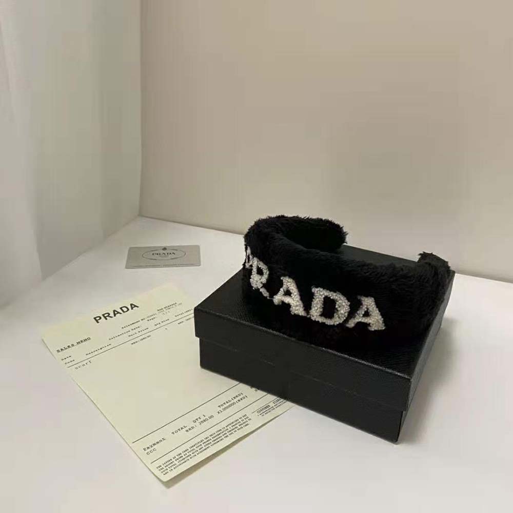 Side angle showing shape and Prada logo on Women Terrycloth Headband