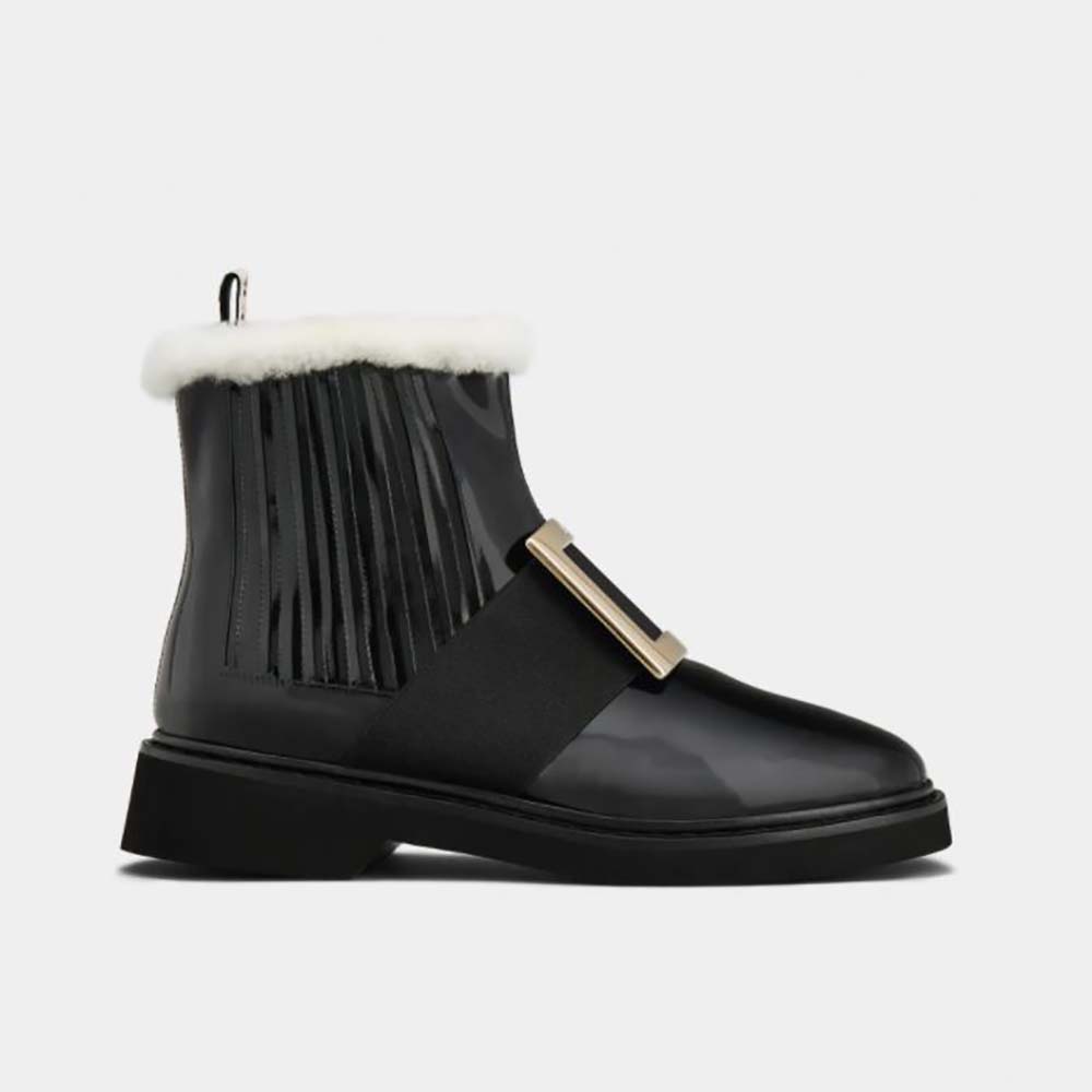 Roger Vivier Women Viv’ Rangers Metal Buckle Fur Booties in Patent Leather