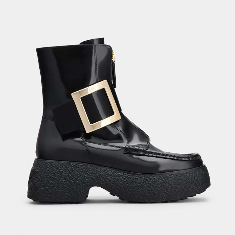 Side view of Roger Vivier Women Viv Rangers Platform Metal Buckle Boots in Leather