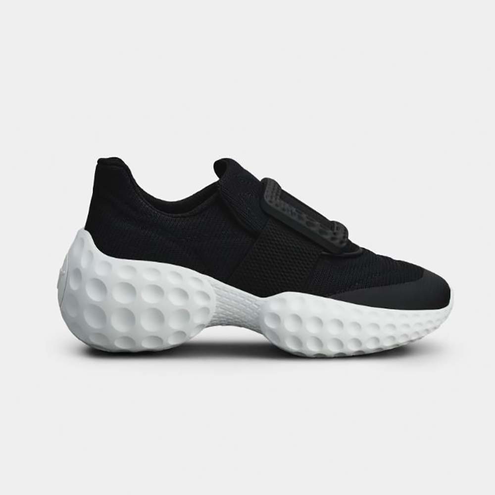 Side view of Roger Vivier Women Viv’ Run Light Resin Buckle Sneakers in black fabric