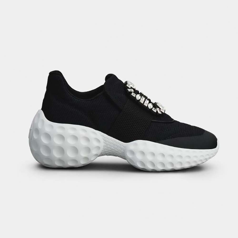 Side view of Roger Vivier Women Viv’ Run Light Strass Buckle Sneakers in Black