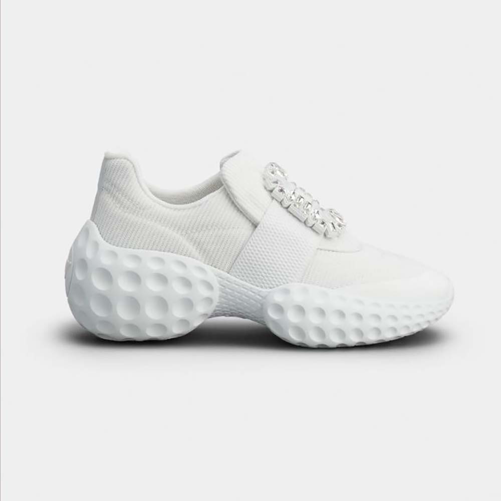 Side view of Roger Vivier Women Viv’ Run Light Strass Buckle Sneakers in white