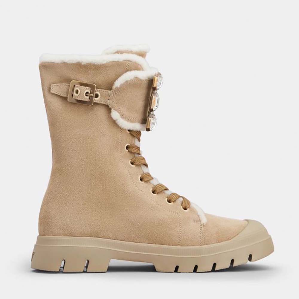 Side view of Roger Vivier Women Walky Viv’ Lace Up Shearling Strass Buckle Booties in Suede