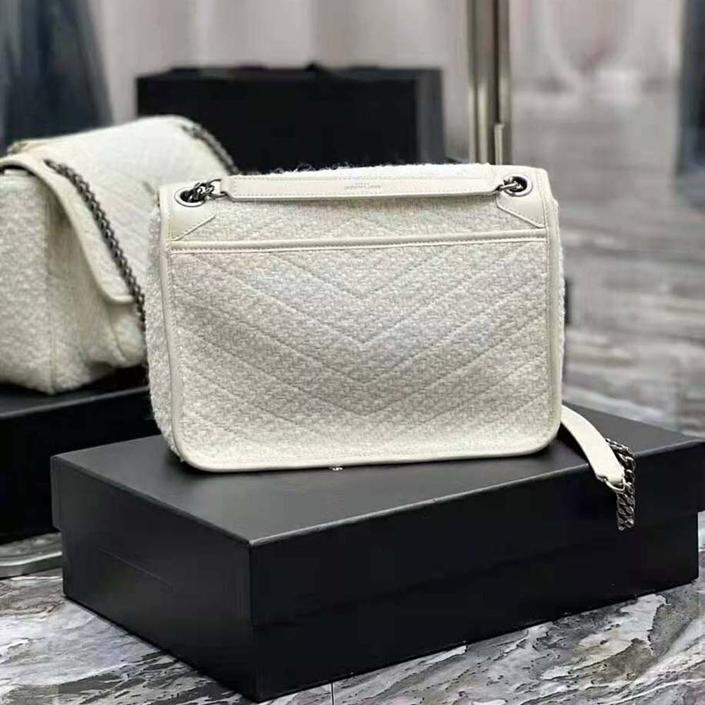 Saint Laurent YSL Women Niki Medium in Boucle Tweed and Smooth Leather-White - image 4