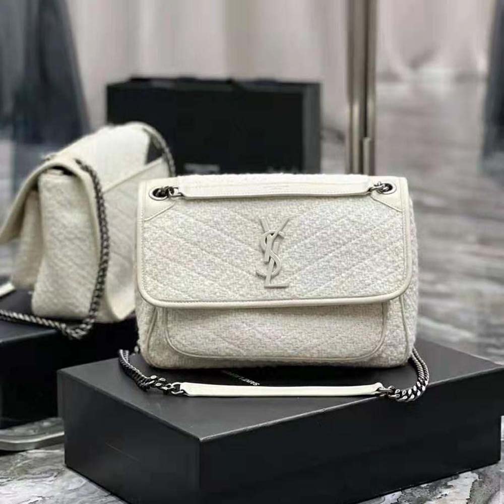 Saint Laurent YSL Women Niki Medium in Boucle Tweed and Smooth Leather-White - image 2