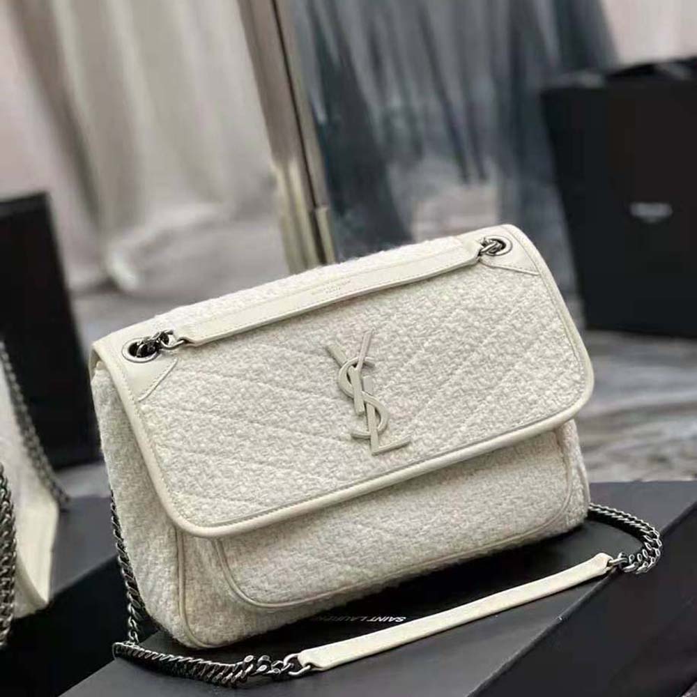 Saint Laurent YSL Women Niki Medium in Boucle Tweed and Smooth Leather-White - image 3