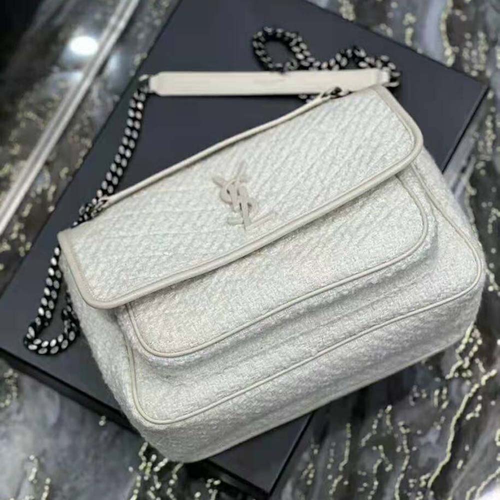Saint Laurent YSL Women Niki Medium in Boucle Tweed and Smooth Leather-White - image 5