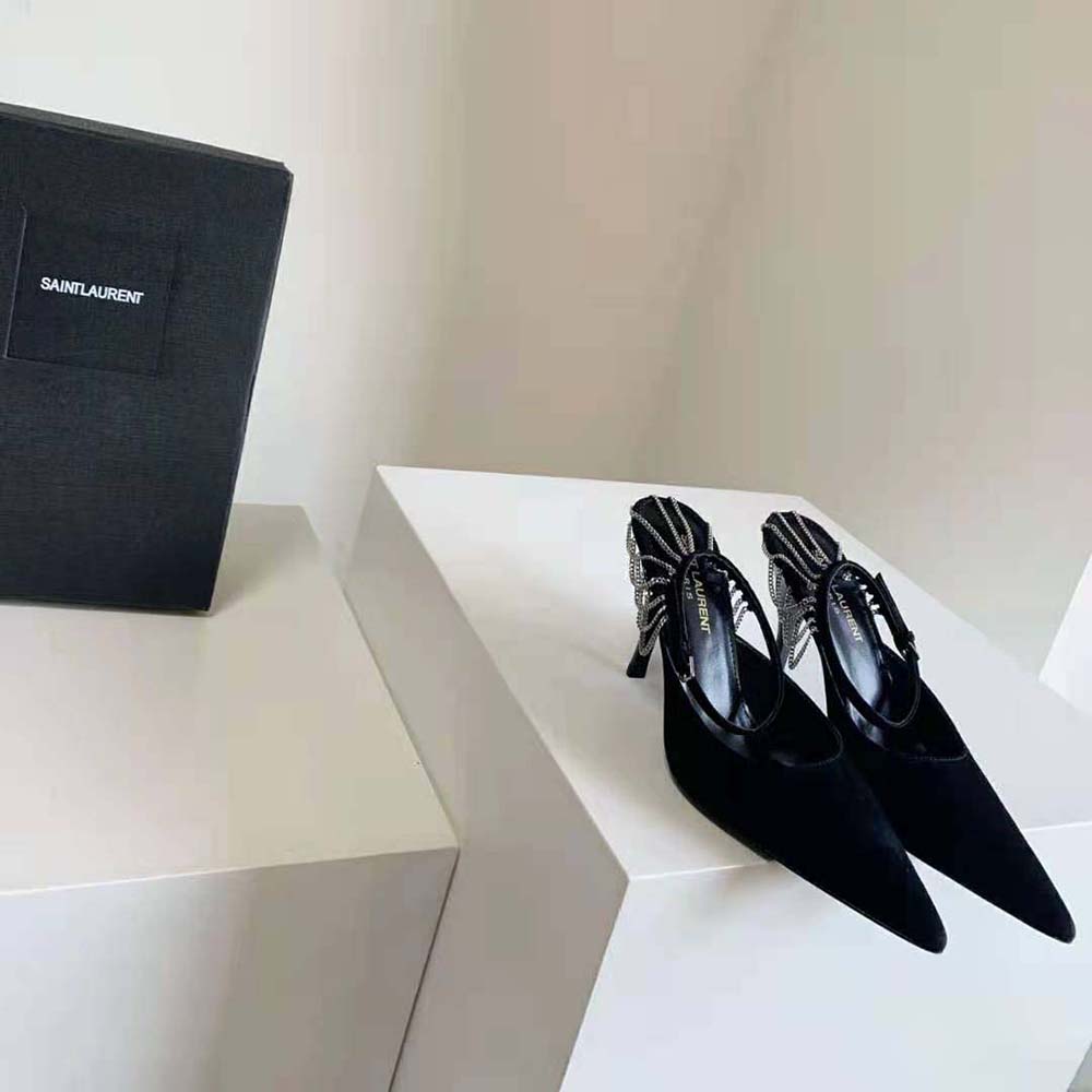 Saint Laurent YSL Women Sling Chain Pumps in Suede-Black - image 2