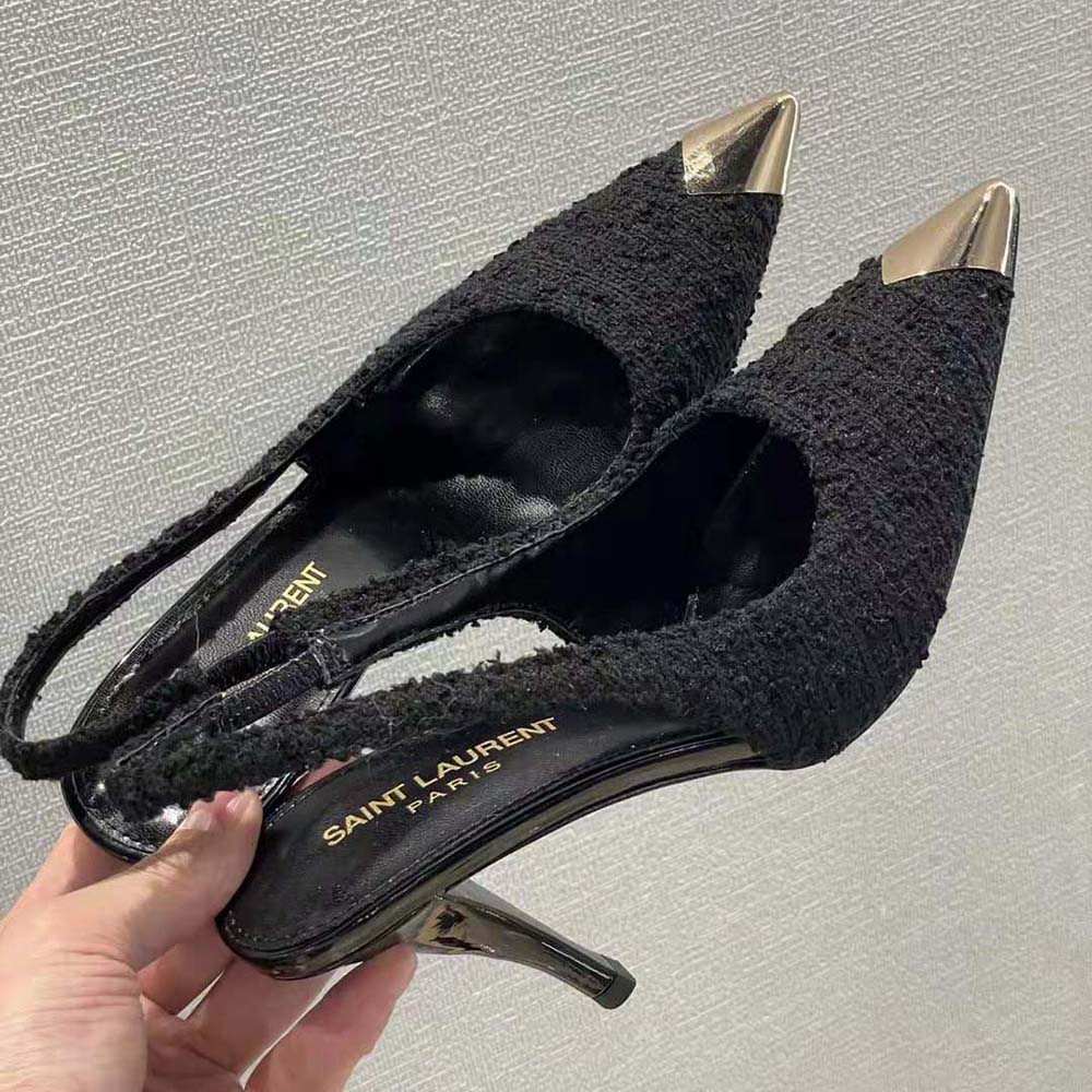 Saint Laurent YSL Women Vesper Slingback Pumps in Boucle Tweed-Black - image 7