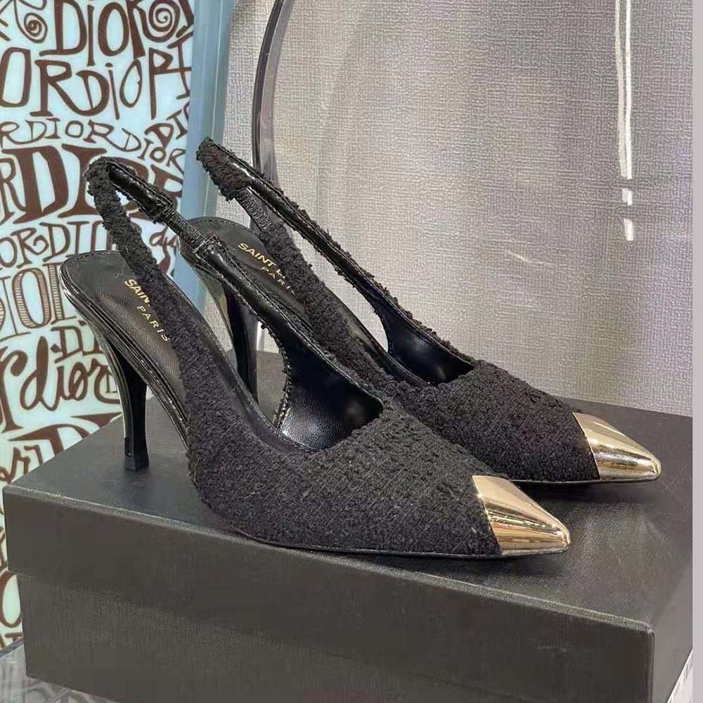 Saint Laurent YSL Women Vesper Slingback Pumps in Boucle Tweed-Black - image 2